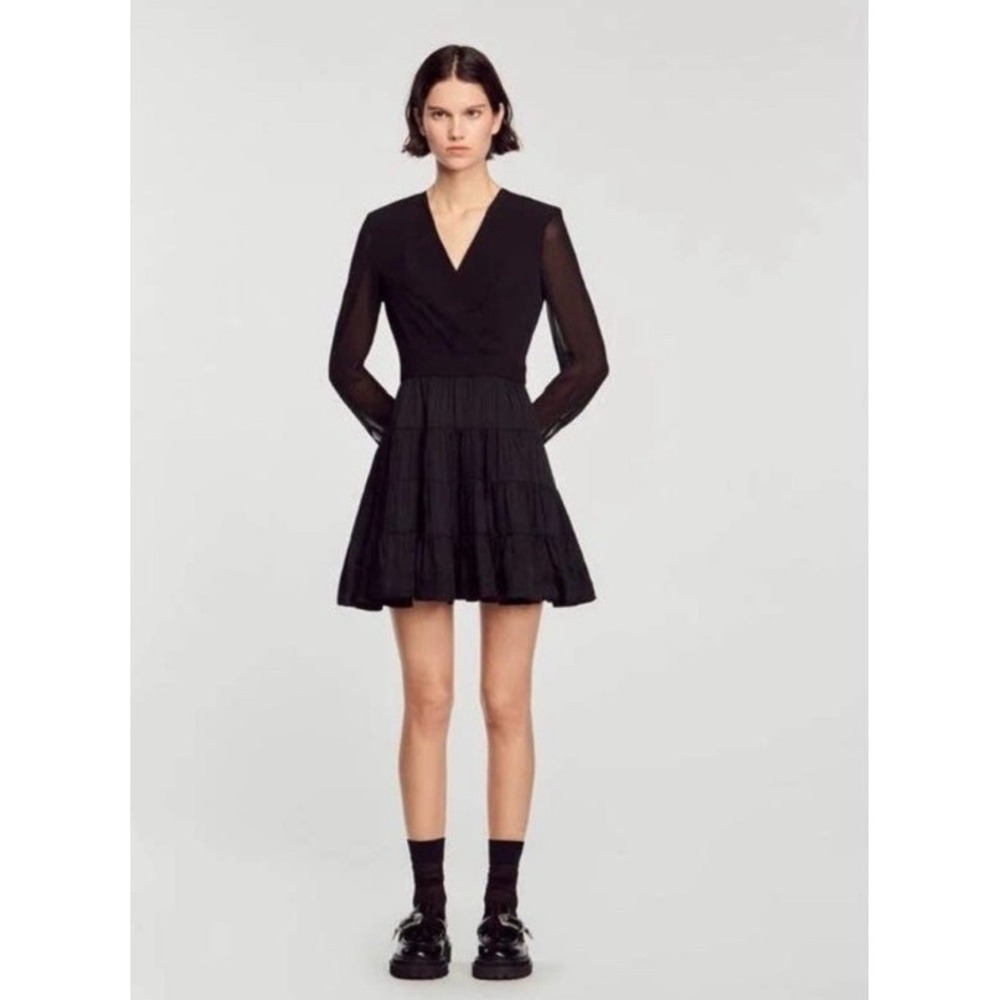 Sandro Ginette Black Tiered Mini Dress Long Sleeve Size 38 NWT